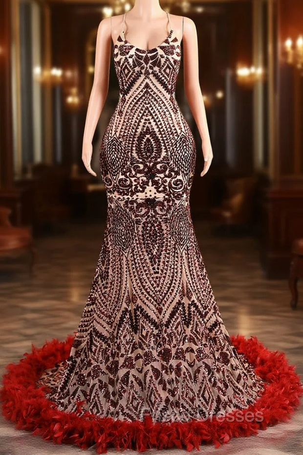 Backless Sequins Mermaid Formal Prom Dress Burgundy Party Evening Dress with Feather Chapel Train Main image