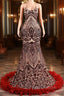 Backless Sequins Mermaid Formal Prom Dress Burgundy Party Evening Dress with Feather Chapel Train