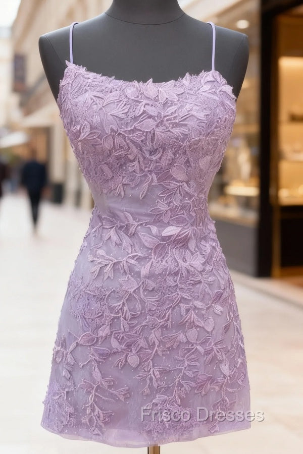 Backless Short Purple Formal Prom Dress, Open Back Short Purple Lace Graduation Homecoming Dress Main image