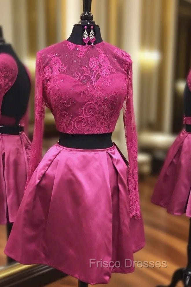 Backless Two Piece Homecoming Dress Beaded Fuchsia Lace Long Sleeves