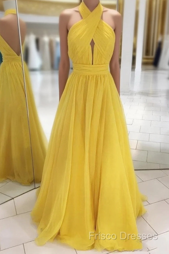 Backless Yellow Chiffon Long Formal Prom Dress, Open Back Yellow Formal Bridesmaid Dress Main image