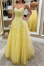 Backless Yellow Lace Long Formal Prom Dresses, Long Yellow Lace Formal Dresses, Yellow Evening Dresses