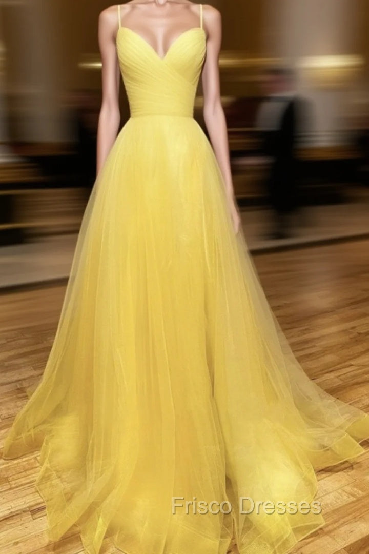 Backless Yellow Tulle Long Formal Evening Dress, Open Back Yellow Tulle Long Formal Prom Dress