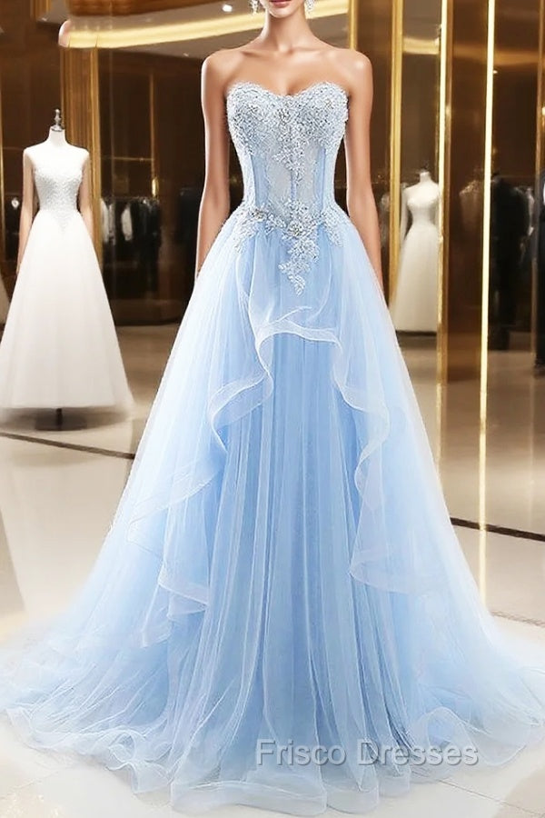Light Blue Beaded Long Formal Prom Dress
