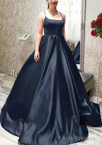 Ball Gown A-line Square Neckline Spaghetti Straps Sweep Train Satin Prom Dresses With Pleated Pockets