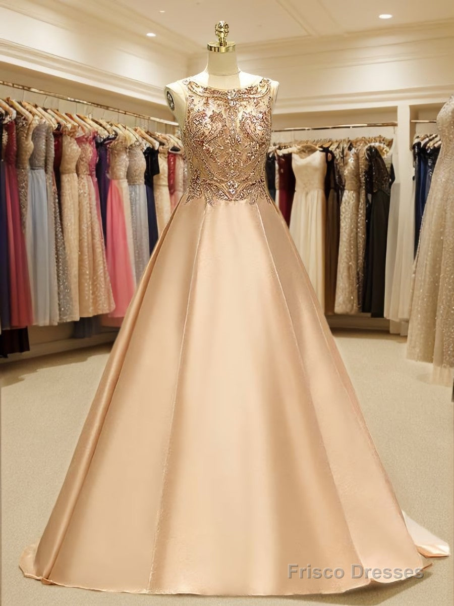 Ball-Gown Bateau Beading Sweep Train Satin Dress Main image