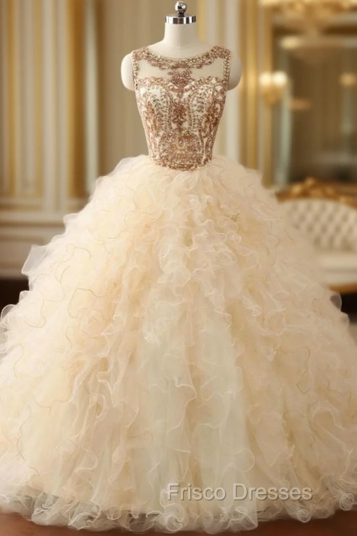 Ball Gown Beaded Long Sweet Years Party Gowns Ruffles Tulle Formal Prom Dress
