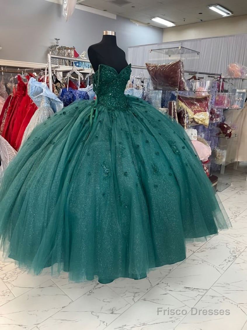 Ball Gown Beaded Quinceanera Dress Spaghetti Straps Emerald Green Quince Dress Main image