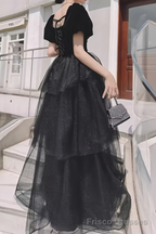 Ball Gown Black Prom Dress With Puffy Sleeves Long Prom Dresses