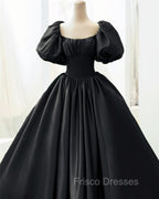 Ball Gown Black Satin Wedding Dress Puffy Sleeves