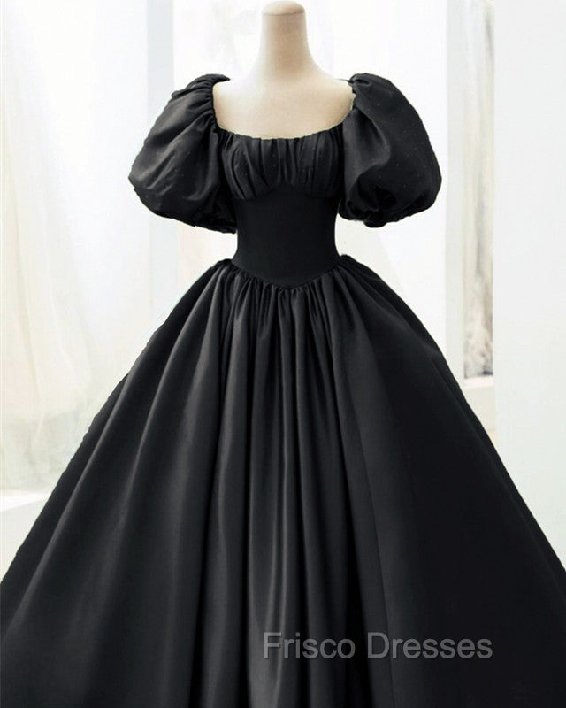 Ball Gown Black Satin Wedding Dress Puffy Sleeves