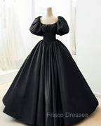 Ball Gown Black Satin Wedding Dress Puffy Sleeves