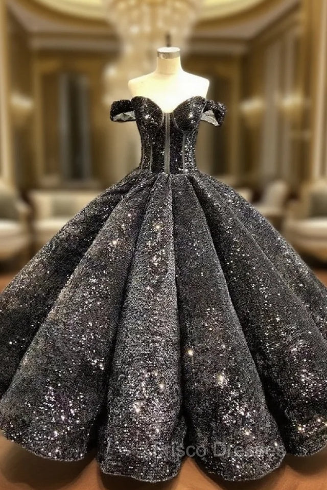 Ball Gown Black Sequins Off the Shoulder Appliques Formal Prom Dress