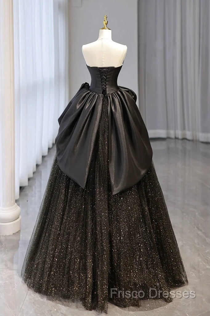 Ball Gown Black Sweetheart Neck Satin Tulle Long Formal Prom Dress