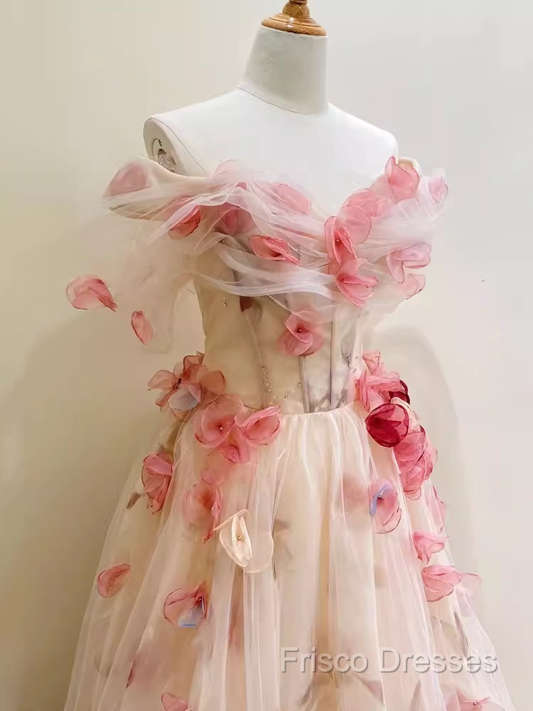 Ball Gown Champagne Floral Formal Prom Dress Long Party Dress