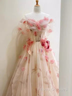 Ball Gown Champagne Floral Formal Prom Dress Long Party Dress
