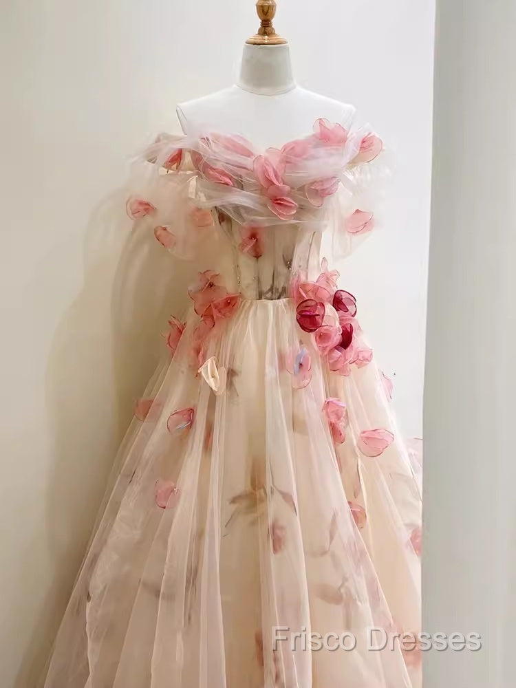 Ball Gown Champagne Floral Formal Prom Dress Long Party Dress