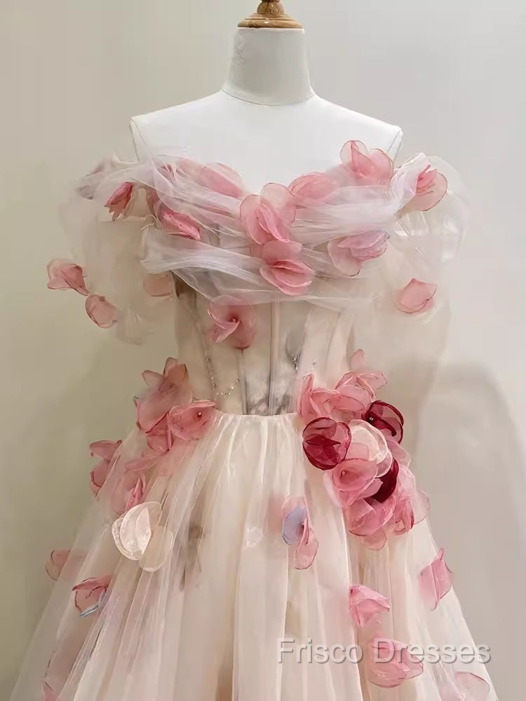 Ball Gown Champagne Floral Formal Prom Dress Long Party Dress