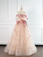 Ball Gown Champagne Tulle Floral Formal Prom Dress