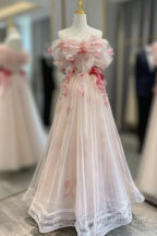 Ball Gown Champagne Tulle Floral Formal Prom Dress