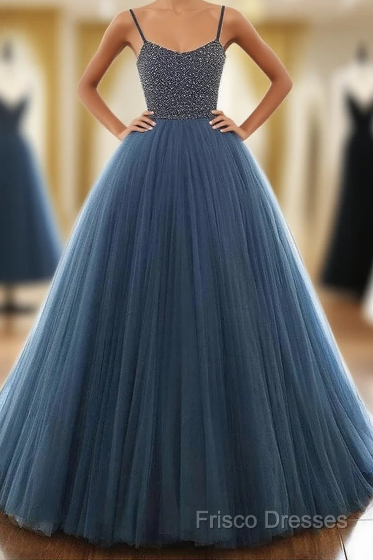 Ball Gown Deep Blue Tulle Formal Prom Dress Formal Dress With Beading,