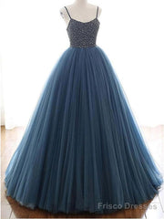 Ball Gown Deep Blue Tulle Prom Dress Evening Dress With Beading,