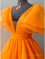 Ball Gown Formal Gown Celebrity Style Dress Wedding Party Dress Floor Length Short Sleeve V Neck Fall Wedding Guest Organza With Pleats Ruffles