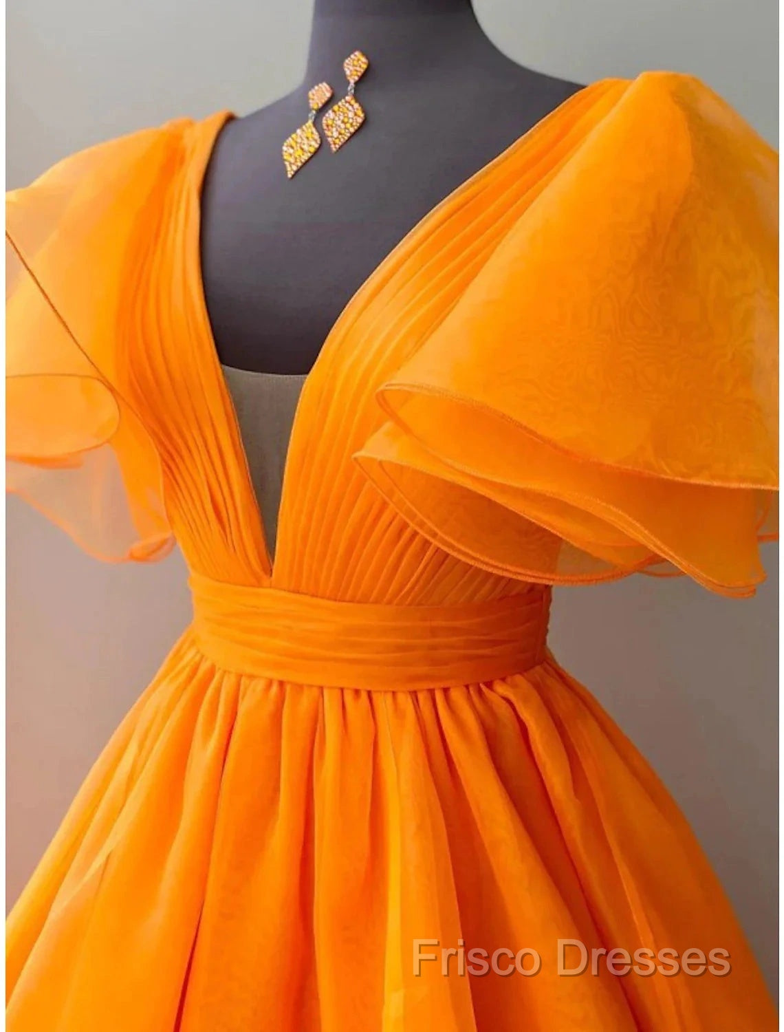 Ball Gown Formal Gown Celebrity Style Dress Wedding Party Dress Floor Length Short Sleeve V Neck Fall Wedding Guest Organza With Pleats Ruffles
