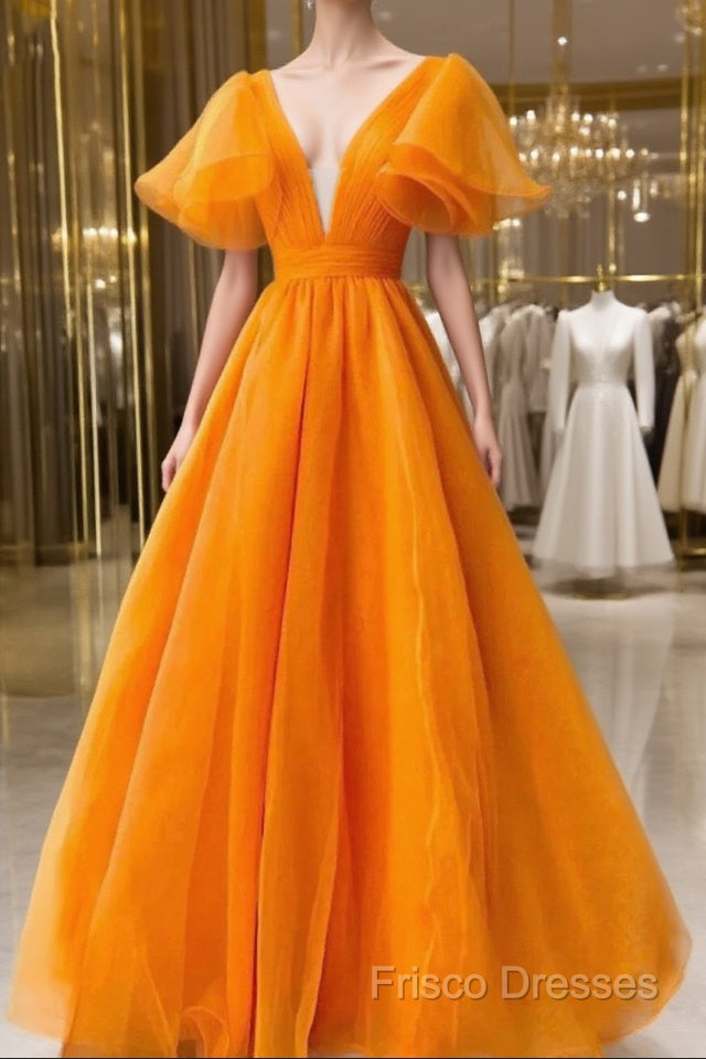 Ball Gown Formal Gown Celebrity Style Dress Wedding Party Dress Floor Length Short Sleeve V Neck Fall Wedding Guest Organza With Pleats Ruffles Main image