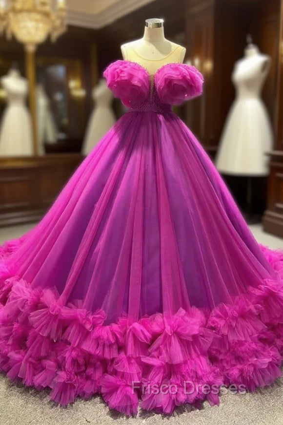 Ball Gown Fuchsia Tulle Pearls Formal Prom Dress Main image