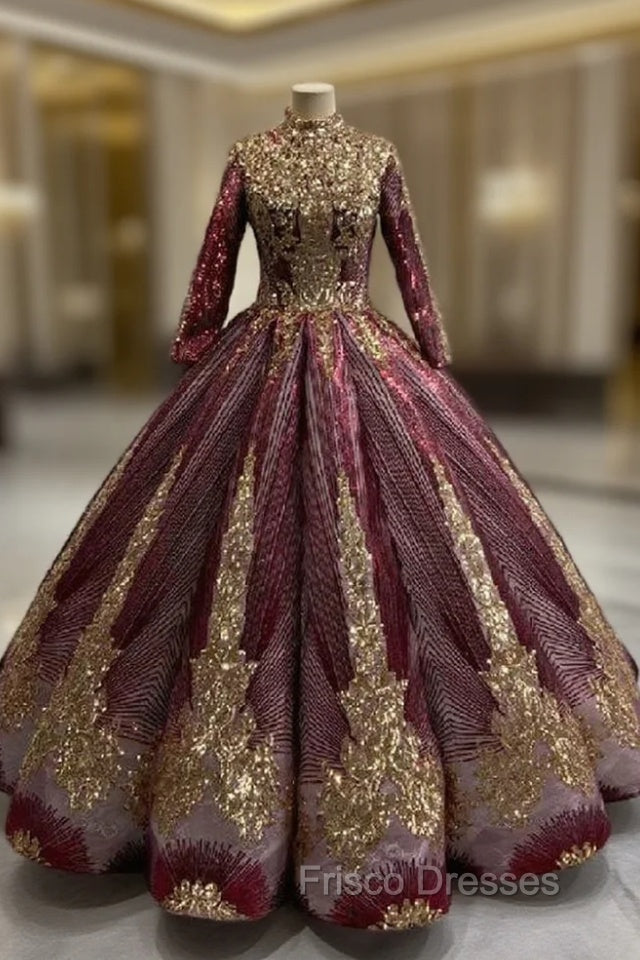 Ball Gown Gold Sequins Long Sleeve High Neck Formal Prom Dress Main image