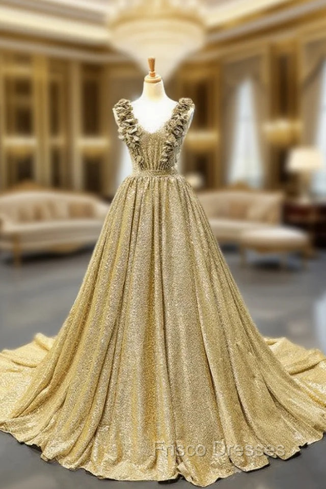 Ball Gown Gold Sequins V-neck Appliques Formal Prom Dress With Train Main image