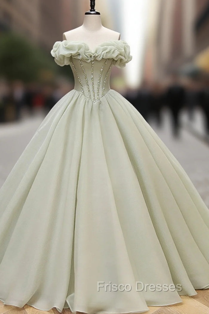 Ball Gown Green Long Formal Prom Dress, Green Formal Sweet 16 Dress with Beading
