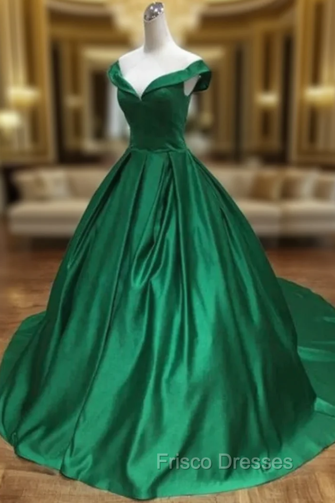 Ball Gown Green Satin Off the Shoulder Formal Prom Dress Main image