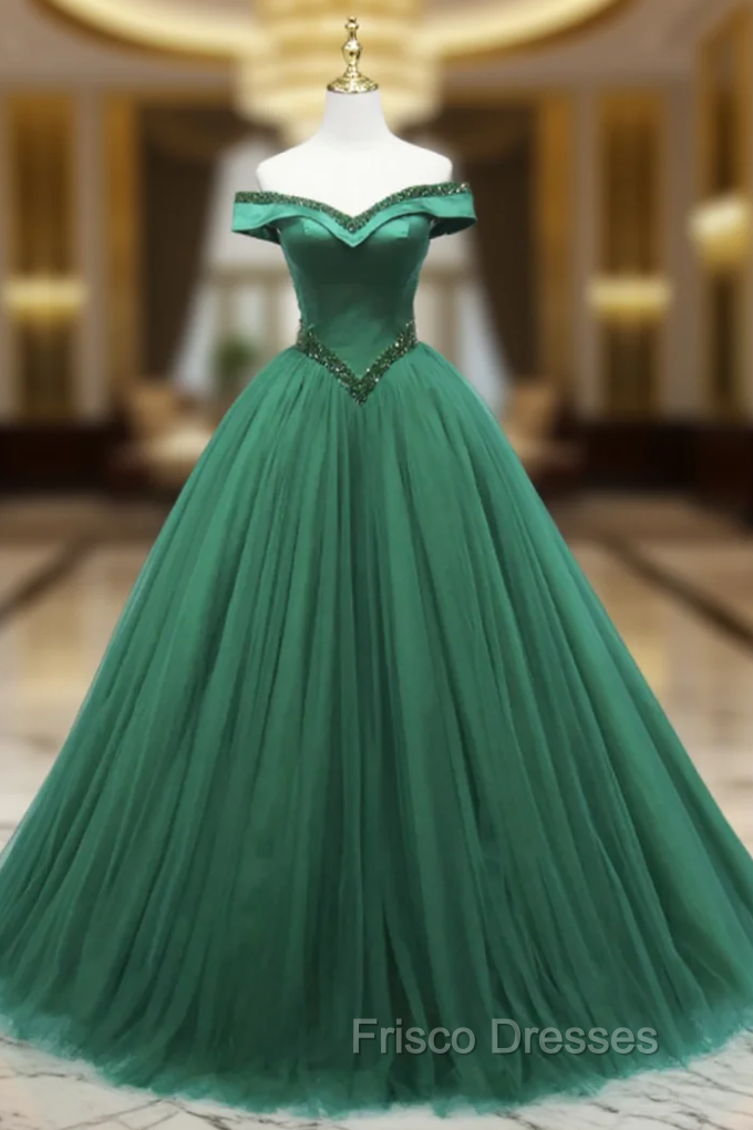 Ball Gown Green Tulle Off the Shoulder Beading Formal Prom Dress Main image