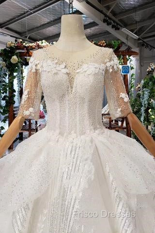 Ball Gown Half Sleeves Lace Bridal Dress With Sequins, Princess Long Wedding Dress