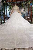 Ball Gown Half Sleeves Lace Bridal Dress With Sequins, Princess Long Wedding Dress