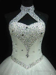 Ball-Gown Halter Beading Floor-Length Tulle Wedding Dress