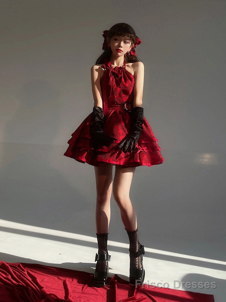 Ball Gown Halter Dark Red Christmas Dress Birthday Dresses Birthday Outfits