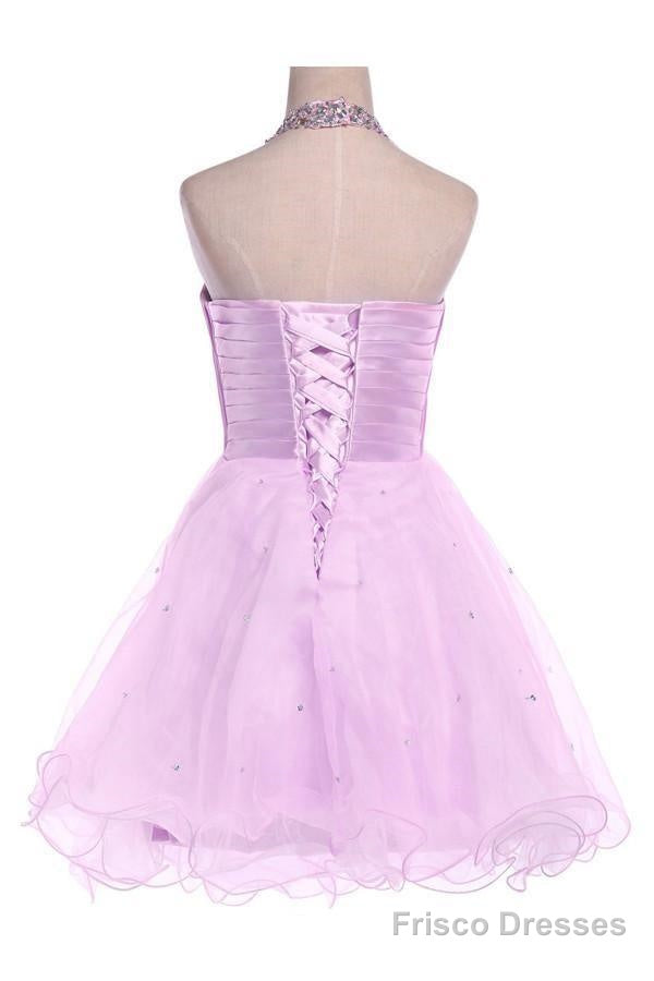 Ball Gown Halter Knee Length Satin Tulle Homecoming Dress With Beading