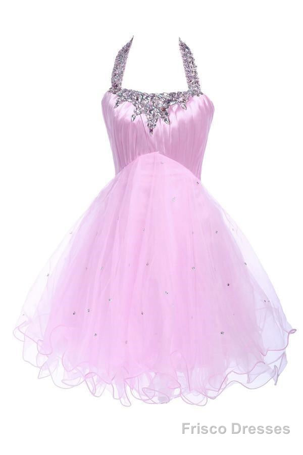 Ball Gown Halter Knee Length Satin Tulle Homecoming Dress With Beading Main image
