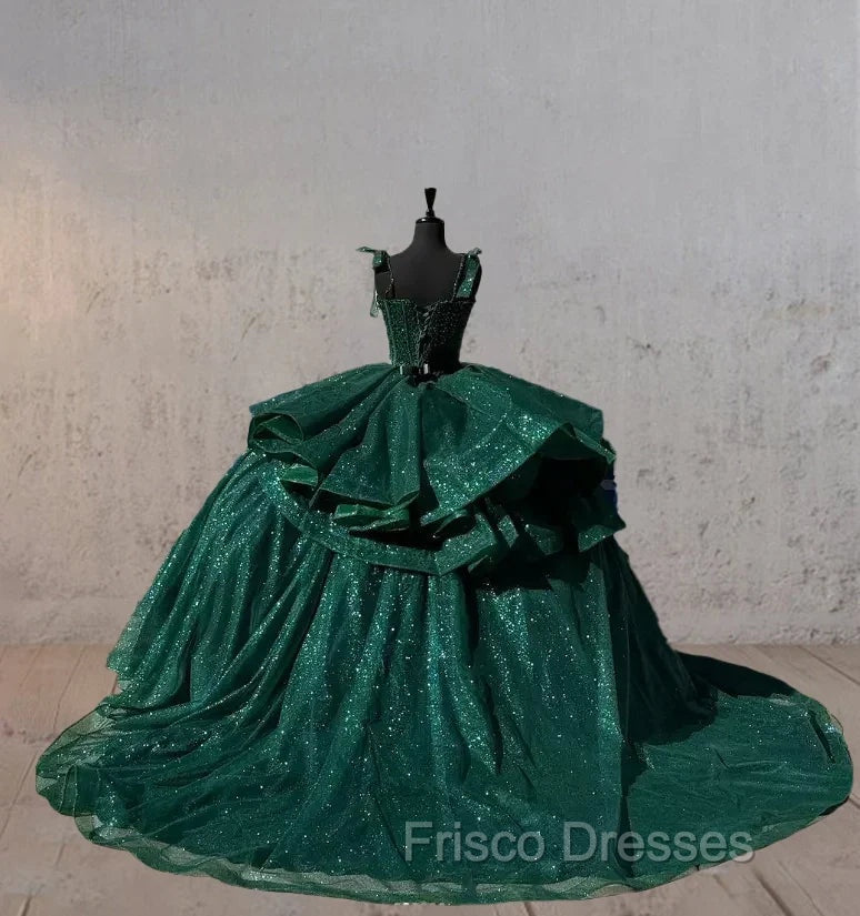 Ball-Gown Lace Emerald Green Glitters Quinceanera Dress