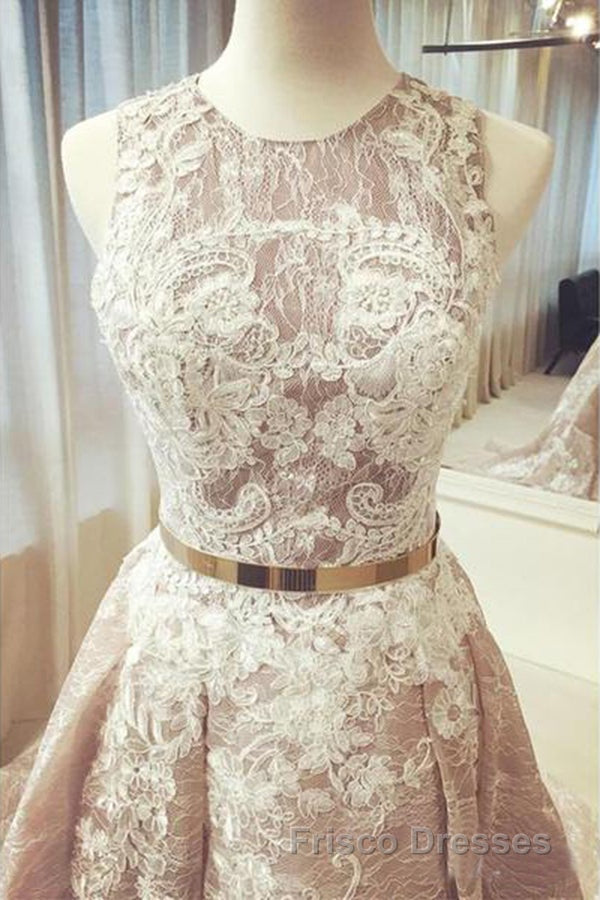 Gorgeous Round Neck Sleeveless Lace Formal Prom Dress Sweep Train with Appliques