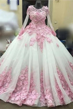 Ball Gown Long Sleeve Tulle Formal Prom Flowers Wedding Dress
