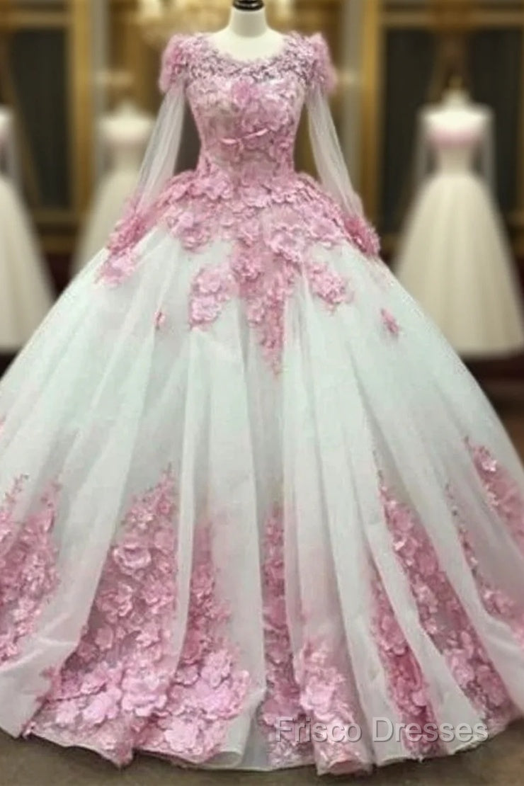 Ball Gown Long Sleeve Tulle Formal Prom Flowers Wedding Dress Main image