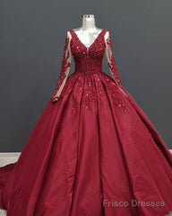 Ball Gown Long Sleeves Lace Appliques Satin V Neck Dresses