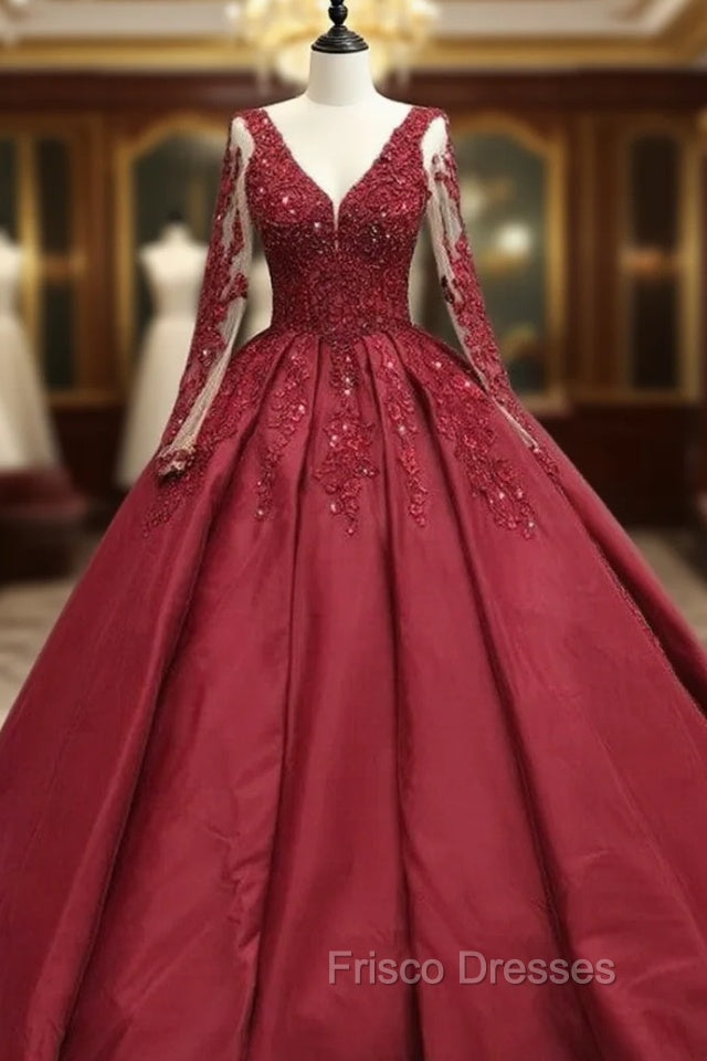 Ball Gown Long Sleeves Lace Appliques Satin V Neck Dress Main image