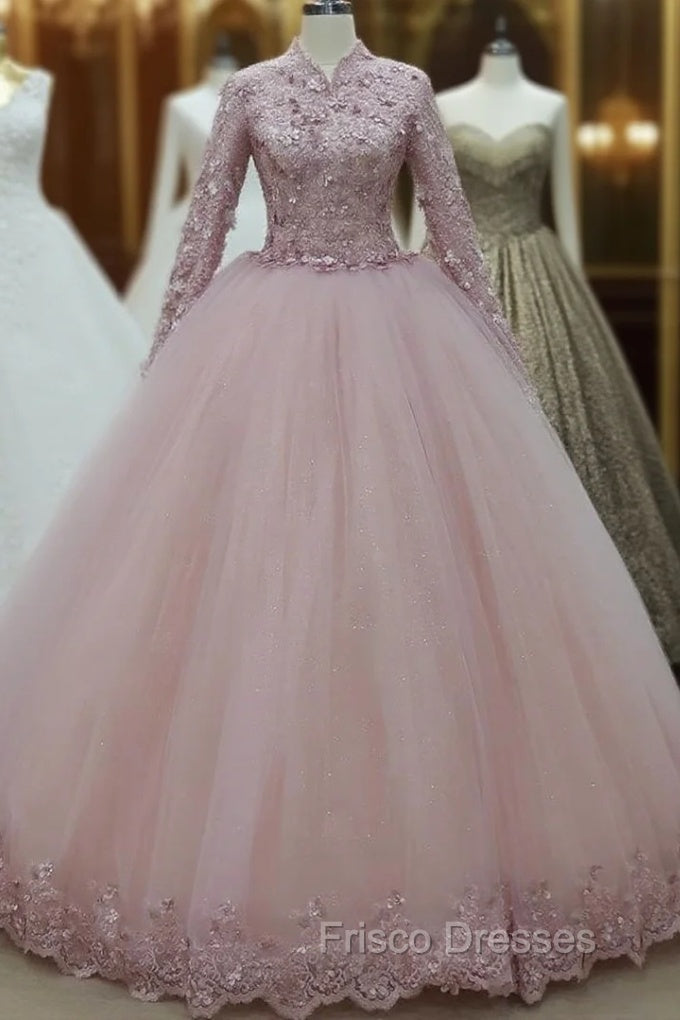 Ball Gown Long Sleeves Pink Tulle Evening Dress