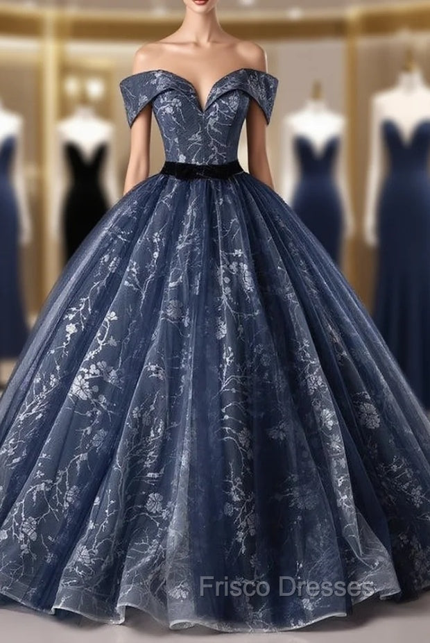 Ball Gown Navy Blue Sequins Off the Shoulder Quinceanera Dress