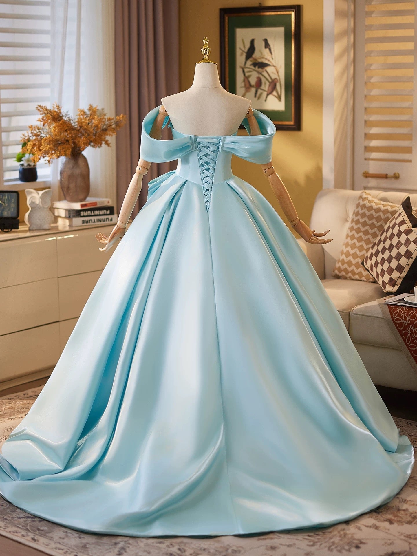 Ball Gown Off Shoulder A-Line Satin Sweep Train Blue Long Prom Dress